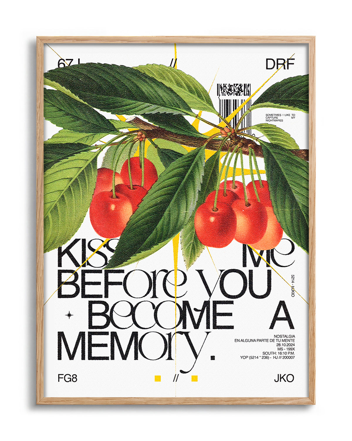 Kiss Me romantic quote poster in an oak frame