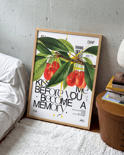Kiss Me romantic quote poster in an oak frame on a room wall