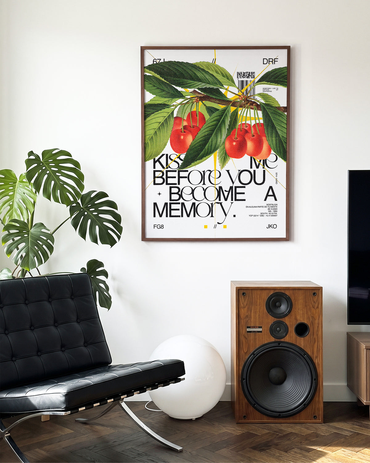 Kiss Me romantic quote poster in a walnut frame on a room wall
