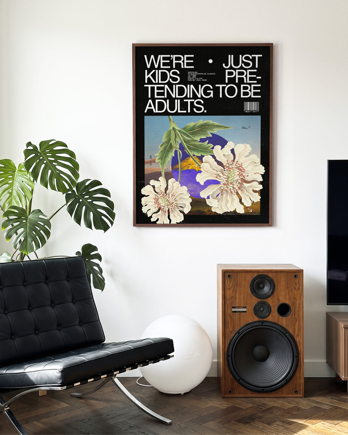 Adults funny quote poster in a walnut frame on a room wall