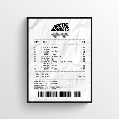 Arctic Monkeys receipt style AM album cover poster