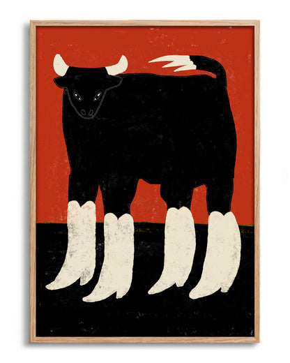Boots n Bull - no background framed - oak