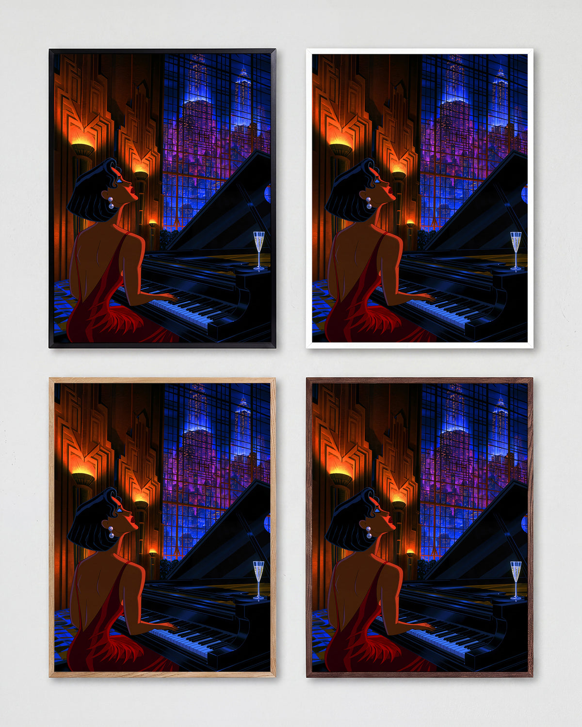 Swanky 14 retro city illustration print shown in all frame colours