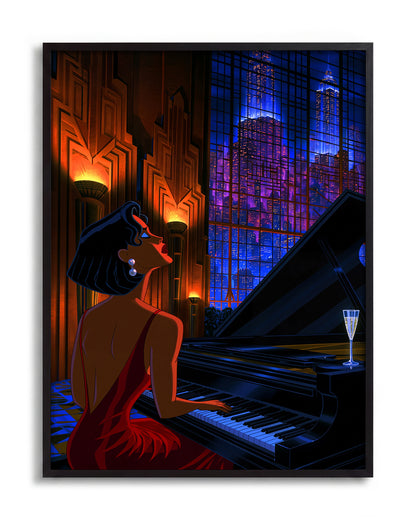 Swanky 14 retro city illustration print in a black frame
