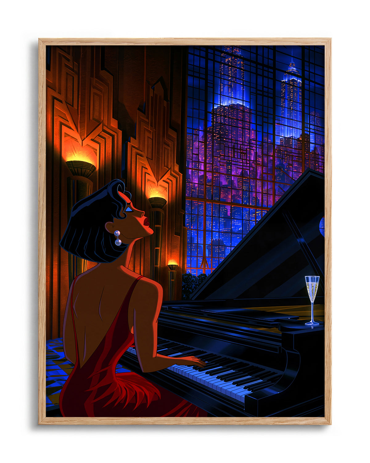 Swanky 14 retro city illustration print in an oak frame
