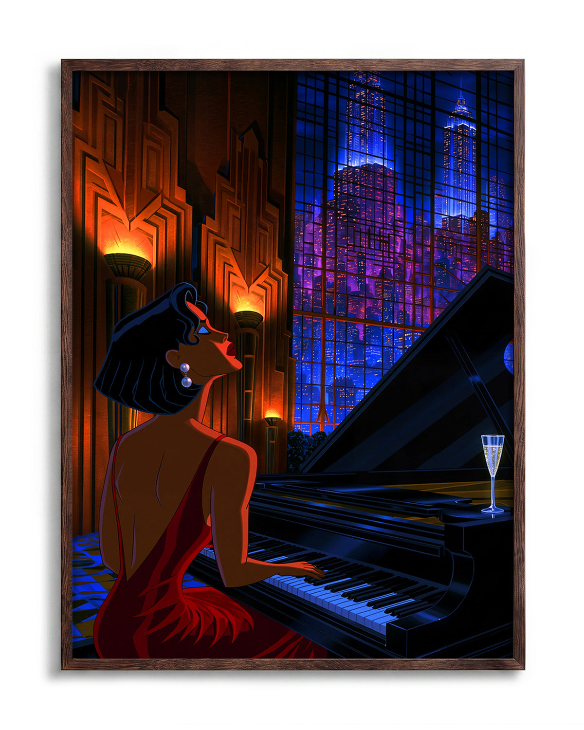 Swanky 14 retro city illustration print in a walnut frame