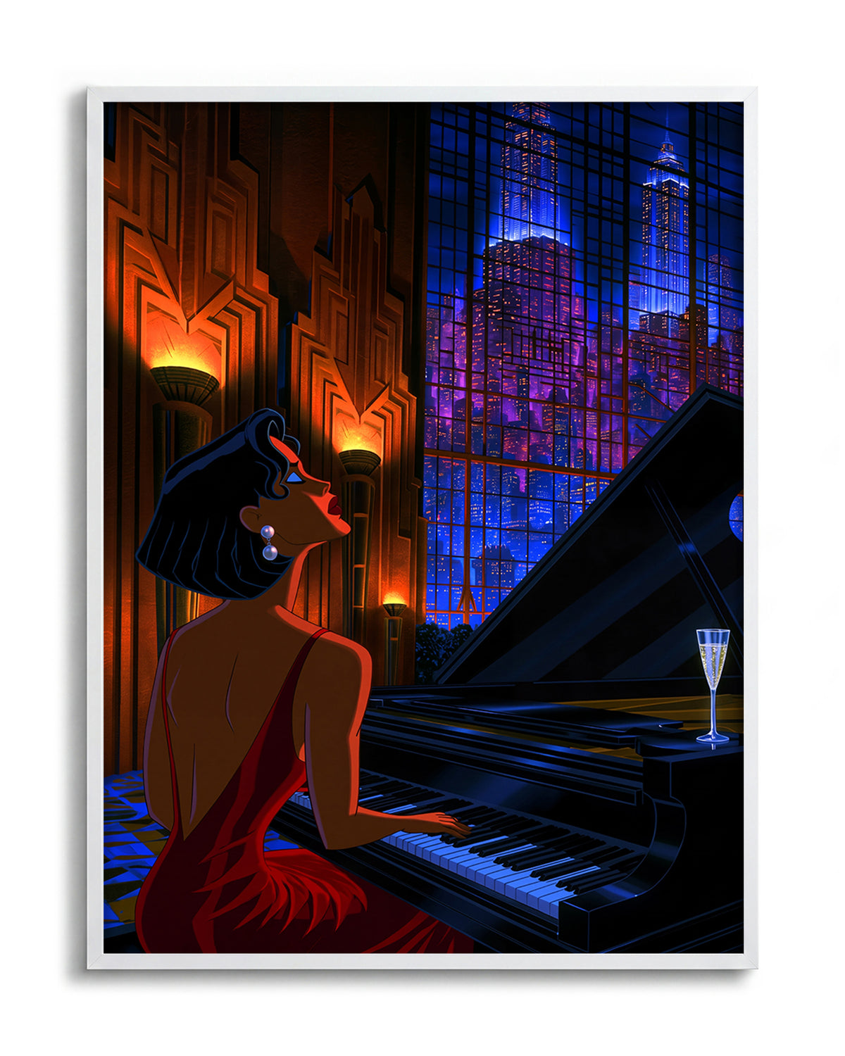 Swanky 14 retro city illustration print in a white frame