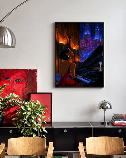 Swanky 14 retro city illustration print in a black frame, in a room setting