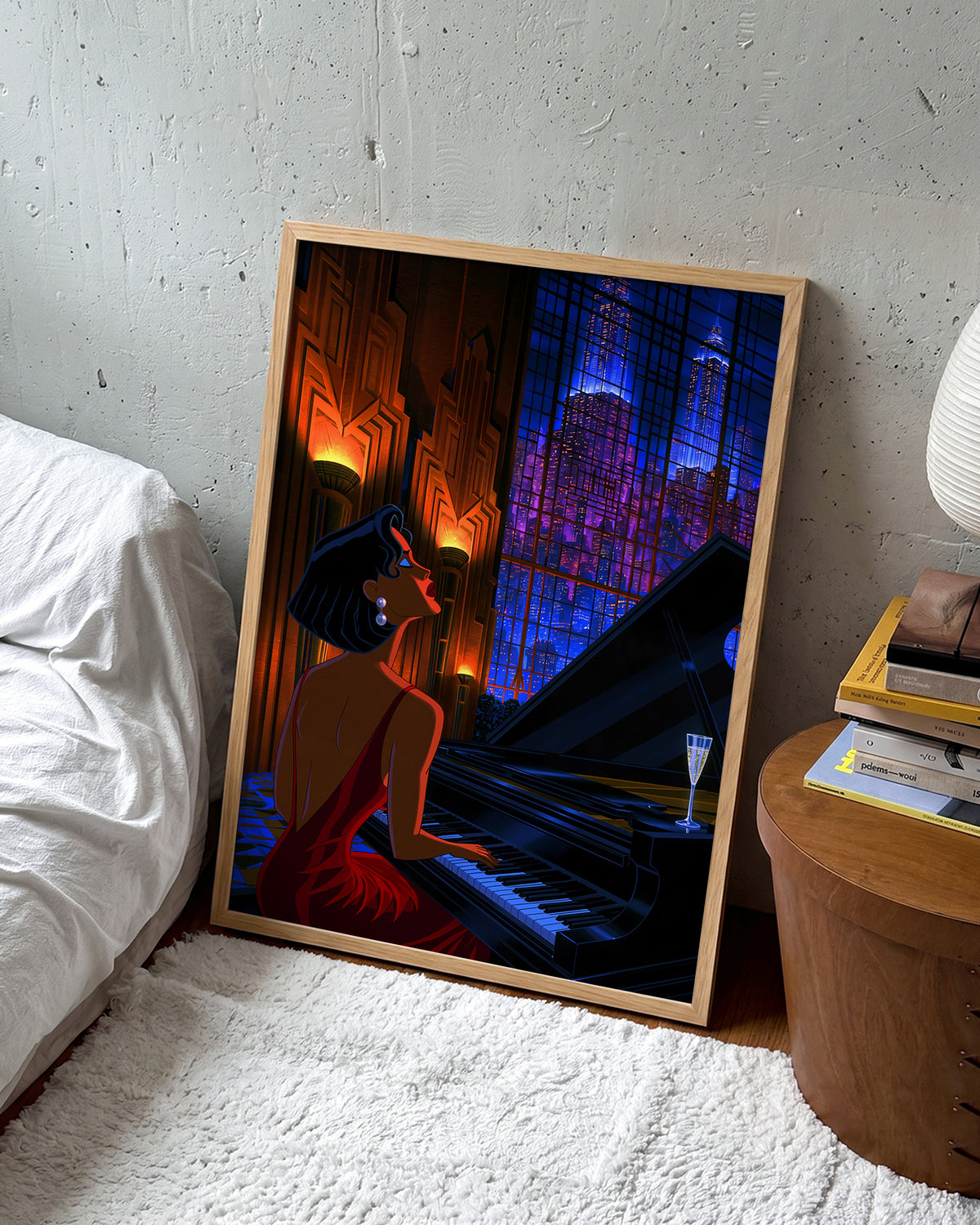 Swanky 14 retro city illustration print in an oak frame, in a room setting
