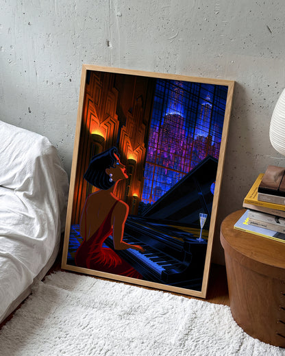 Swanky 14 retro city illustration print in an oak frame, in a room setting
