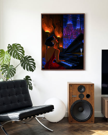 Swanky 14 retro city illustration print in a walnut frame, in a room setting