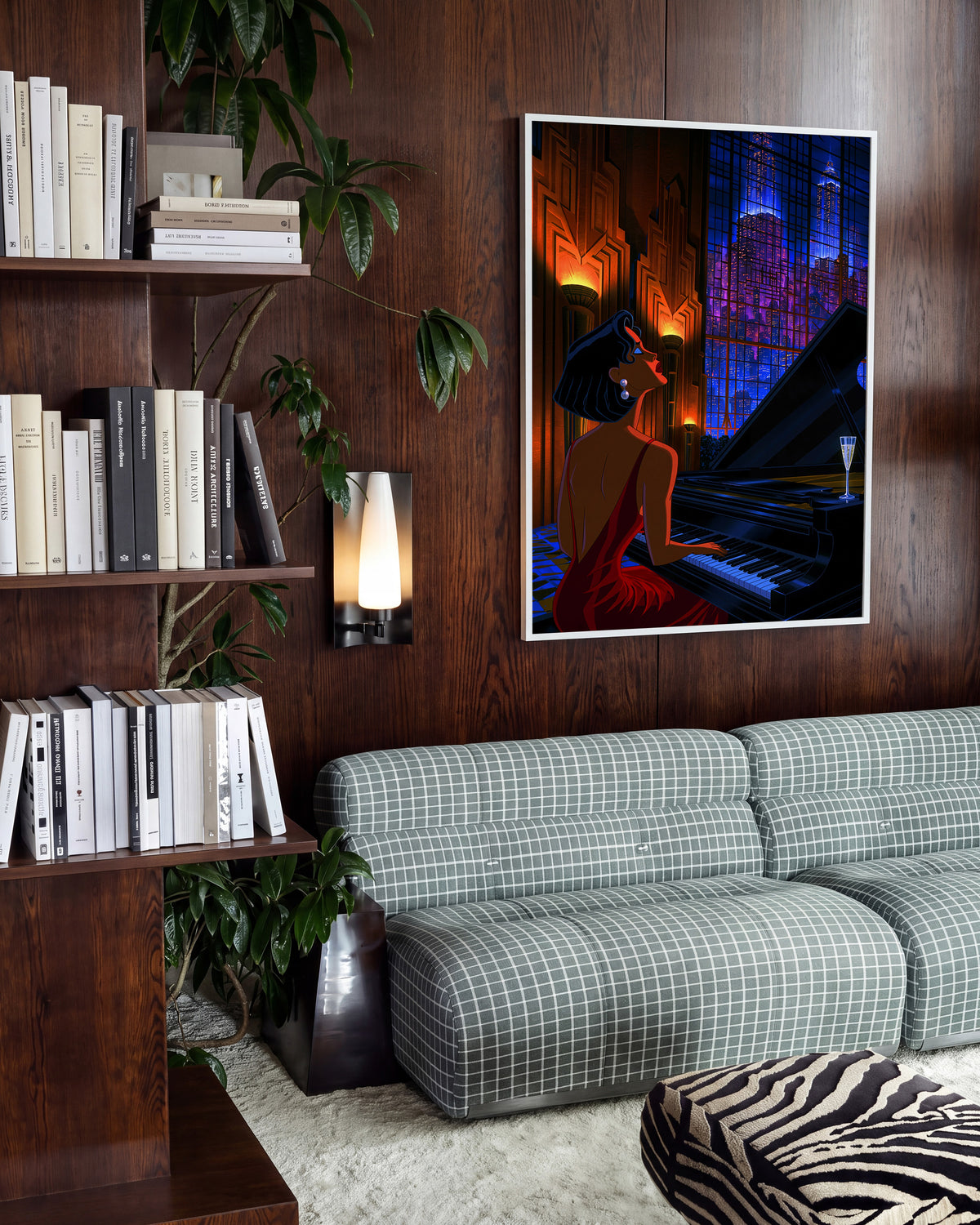 Swanky 14 retro city illustration print in a white frame, in a room setting