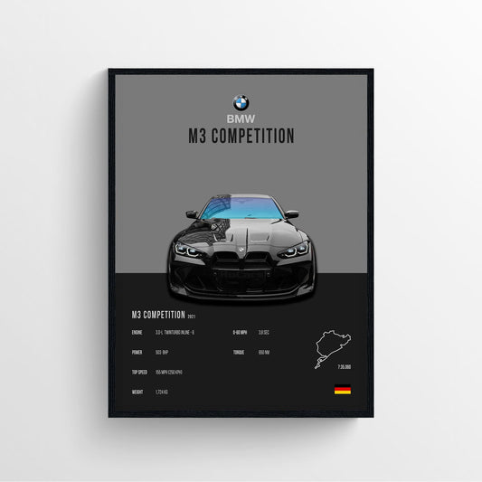 grey and black bmw car poster framed