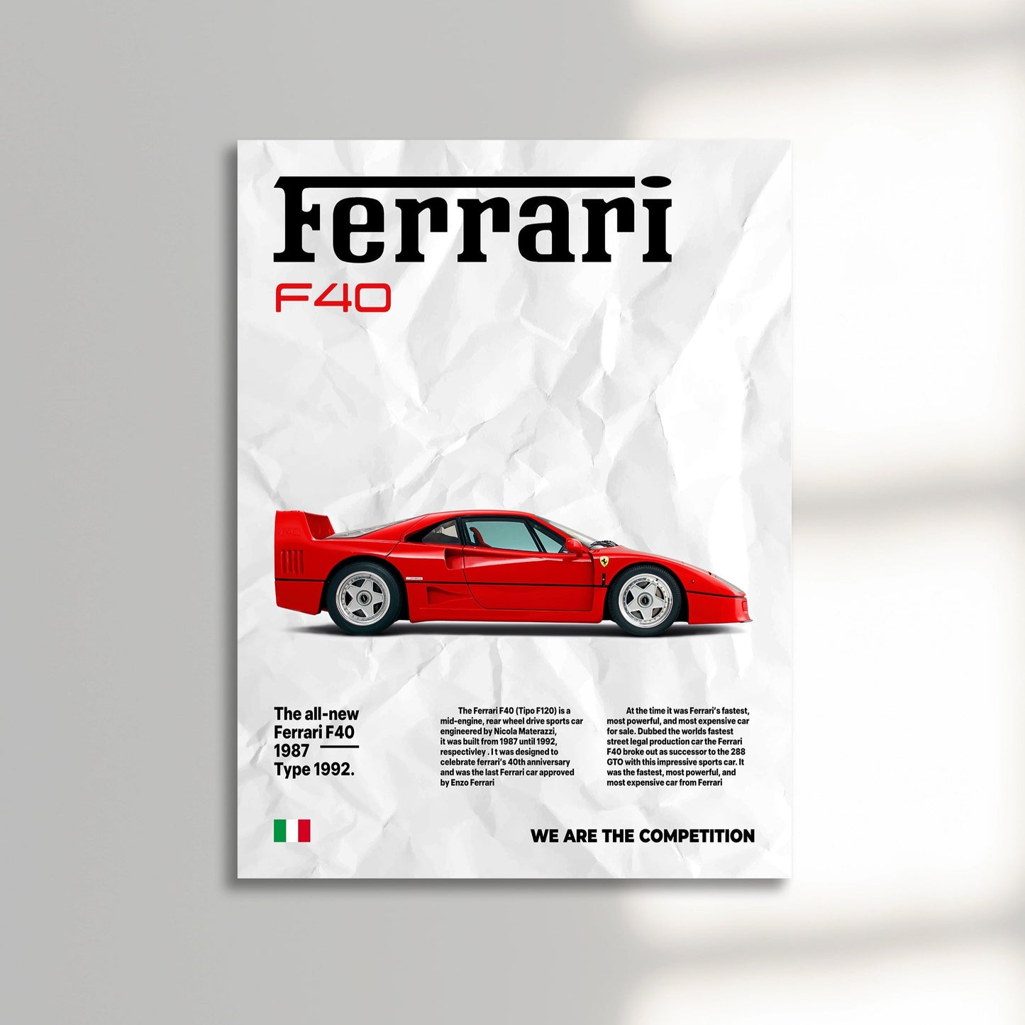 Vintage red Ferrari F40 classic car poster newspaper style unframed