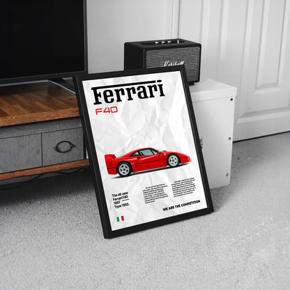 Vintage red Ferrari F40 classic car poster newspaper style framed