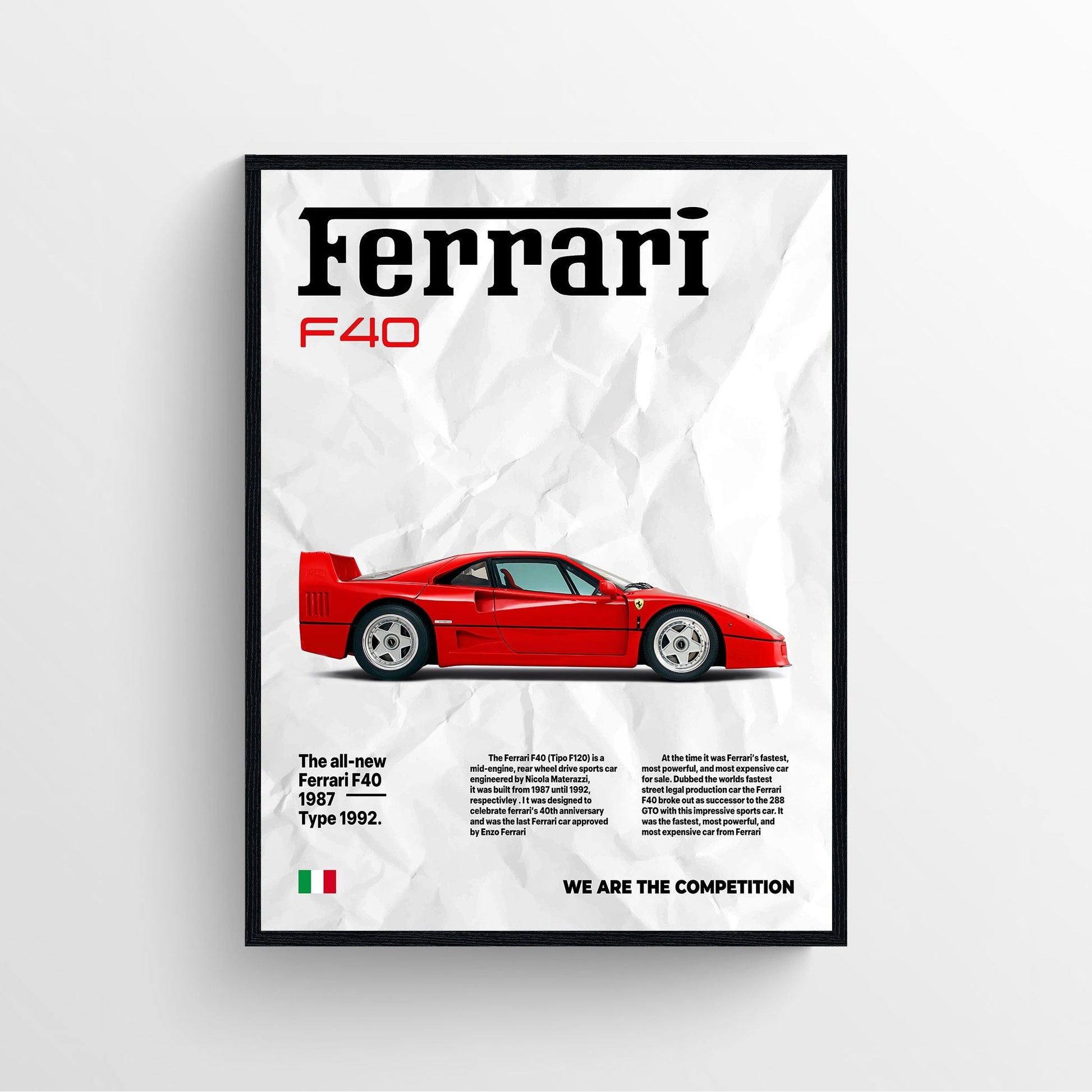 Vintage red Ferrari F40 classic car poster newspaper style framed