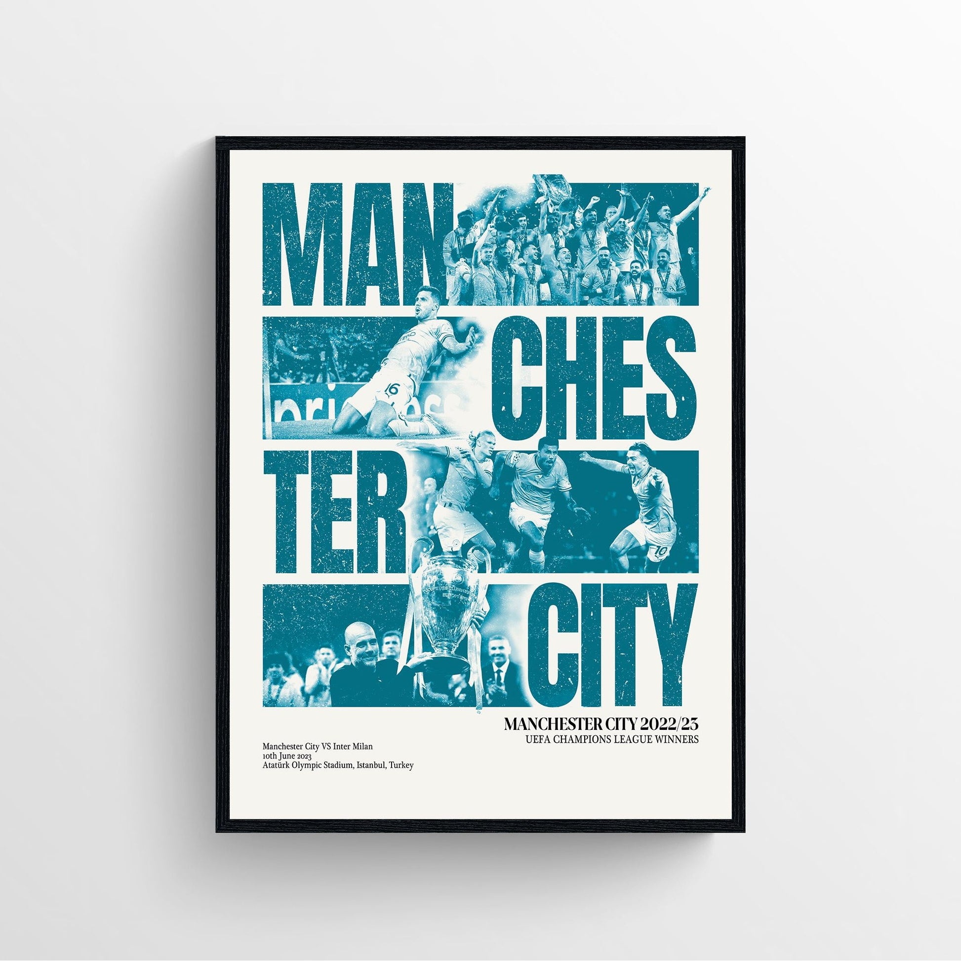 Man City champions league football poster, framed