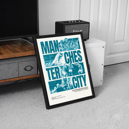 Man City champions league football poster, framed