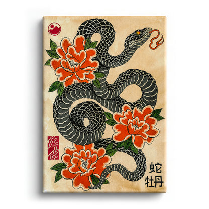 Snake & Peonies canvas