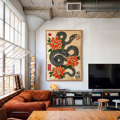 Snake & Peonies canvas