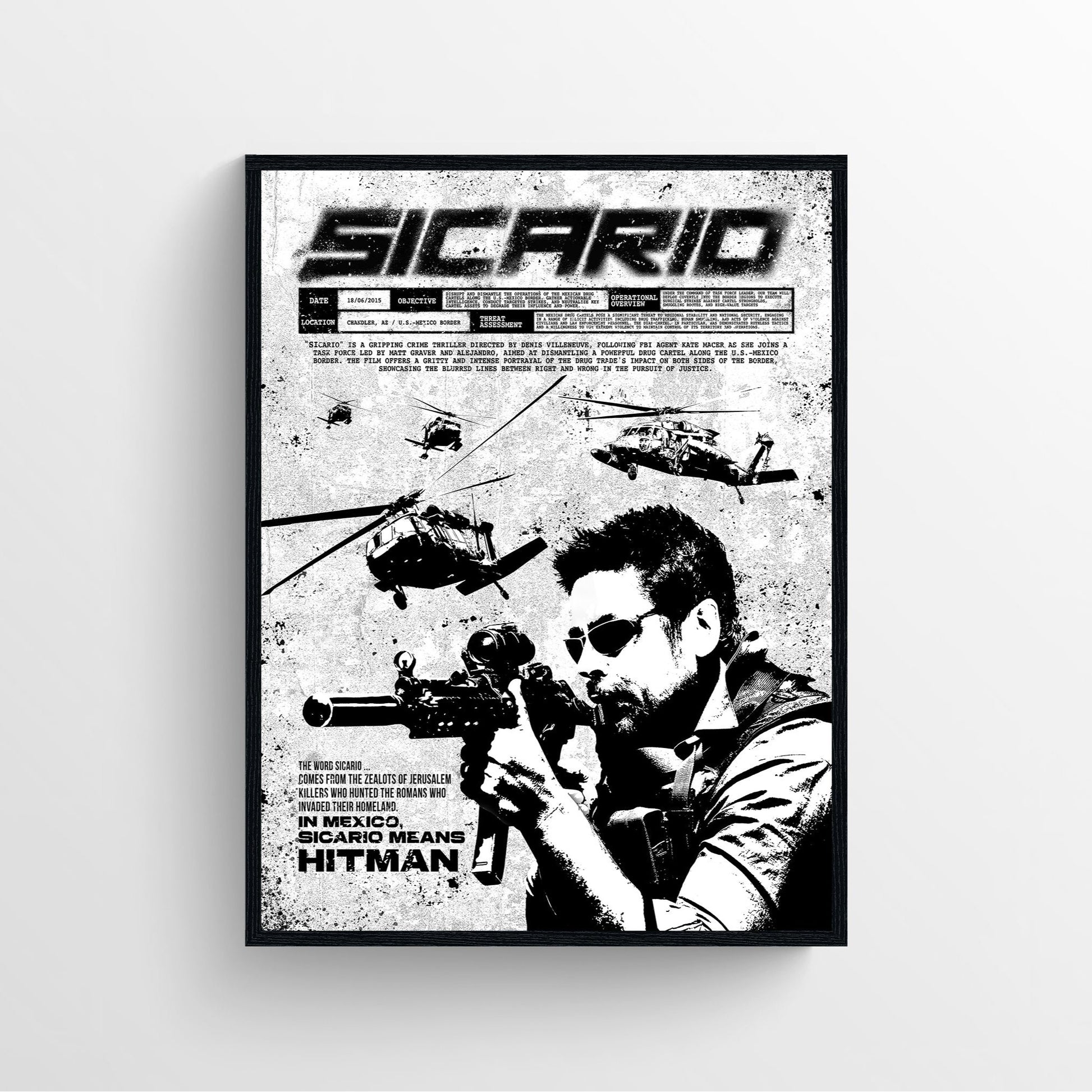 Sicario black and white movie poster framed