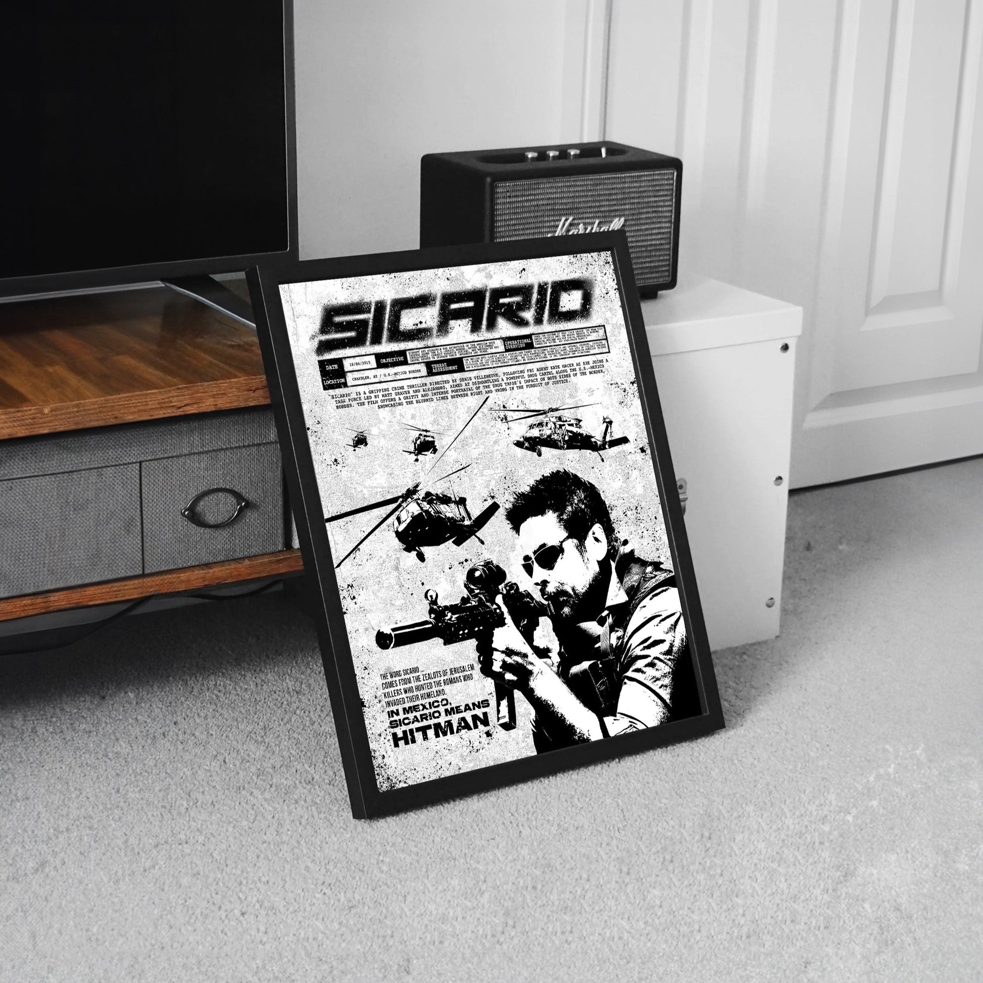 Sicario black and white movie poster framed