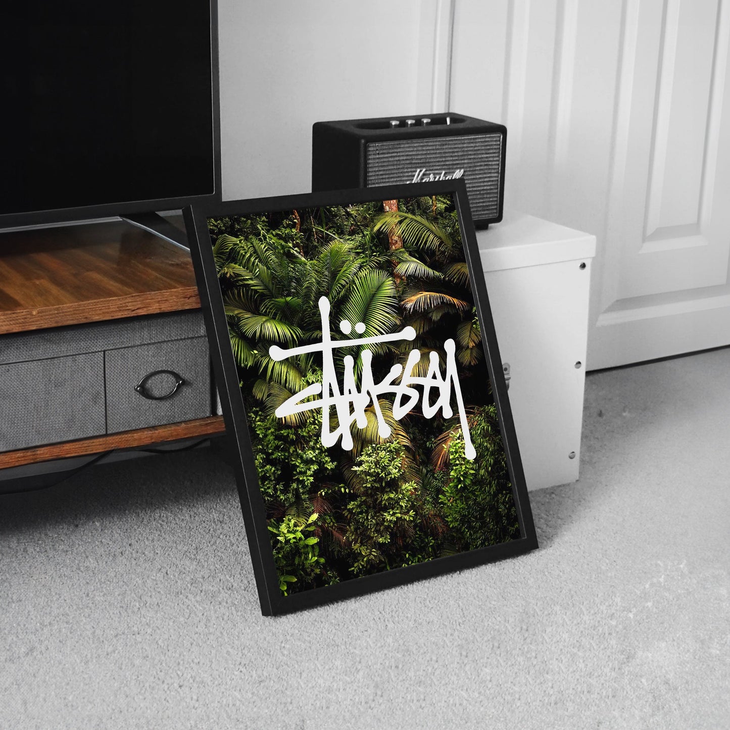 Stussy streetwear fashion poster jungle background