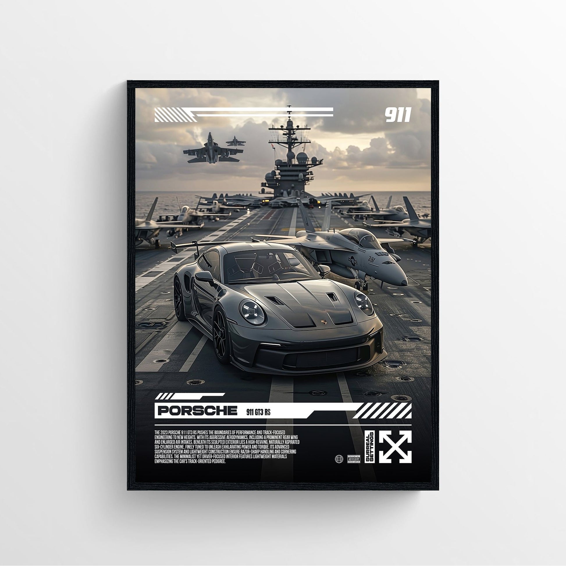 Porsche 911 GT3 RS ai car poster fighter jet air craft carrier framed