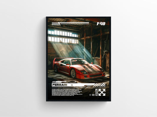Ferrari f40 vintage supercar poster, ai car poster framed