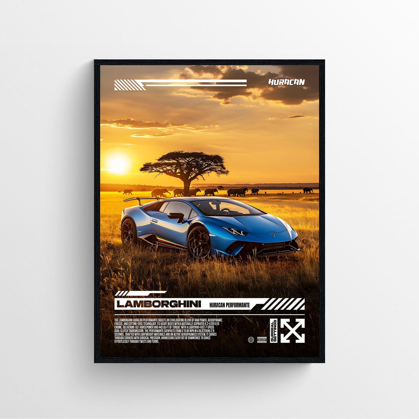 Lamborghini Huracan performante African savana car poster framed