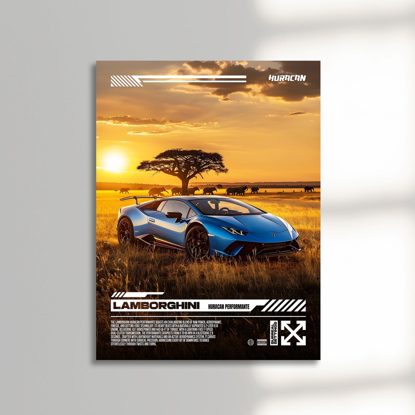 Lamborghini Huracan performante African savana car poster unframed