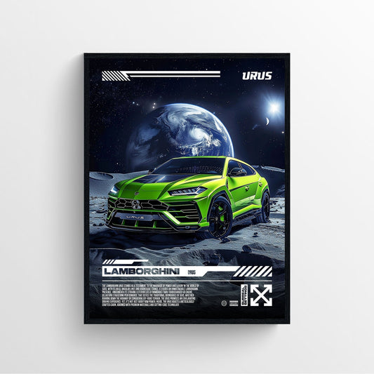 green Lamborghini urus performante on the moon car poster framed