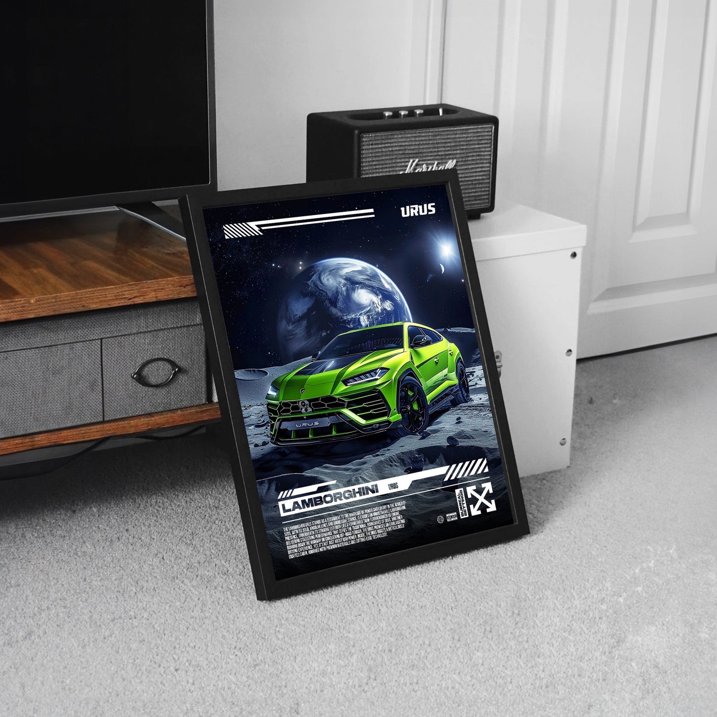 green Lamborghini urus performante on the moon car poster framed