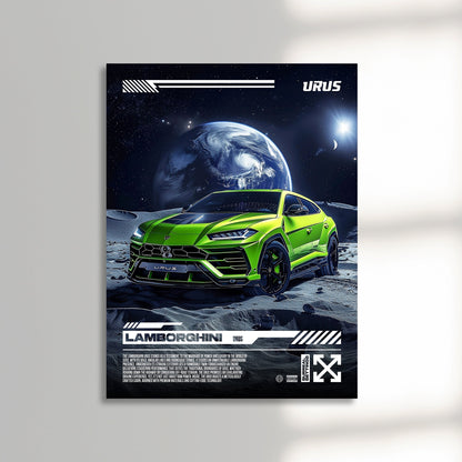 green Lamborghini urus performante on the moon car poster unframed