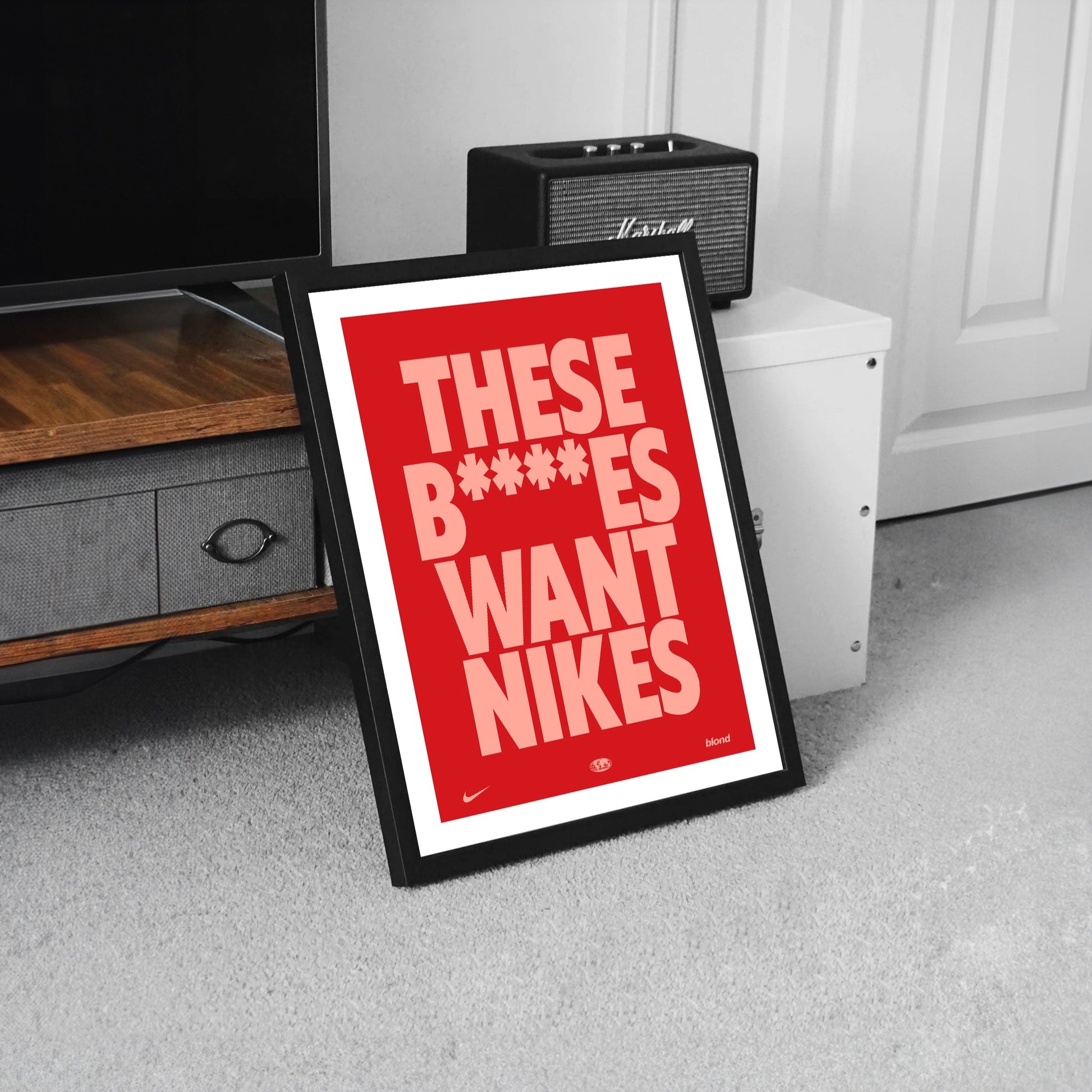 These bitches want nikes frank ocean music fashion poster red and white framed