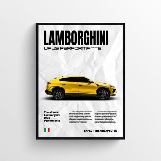 Lamborghini Urus performante newspaper style car poster framed