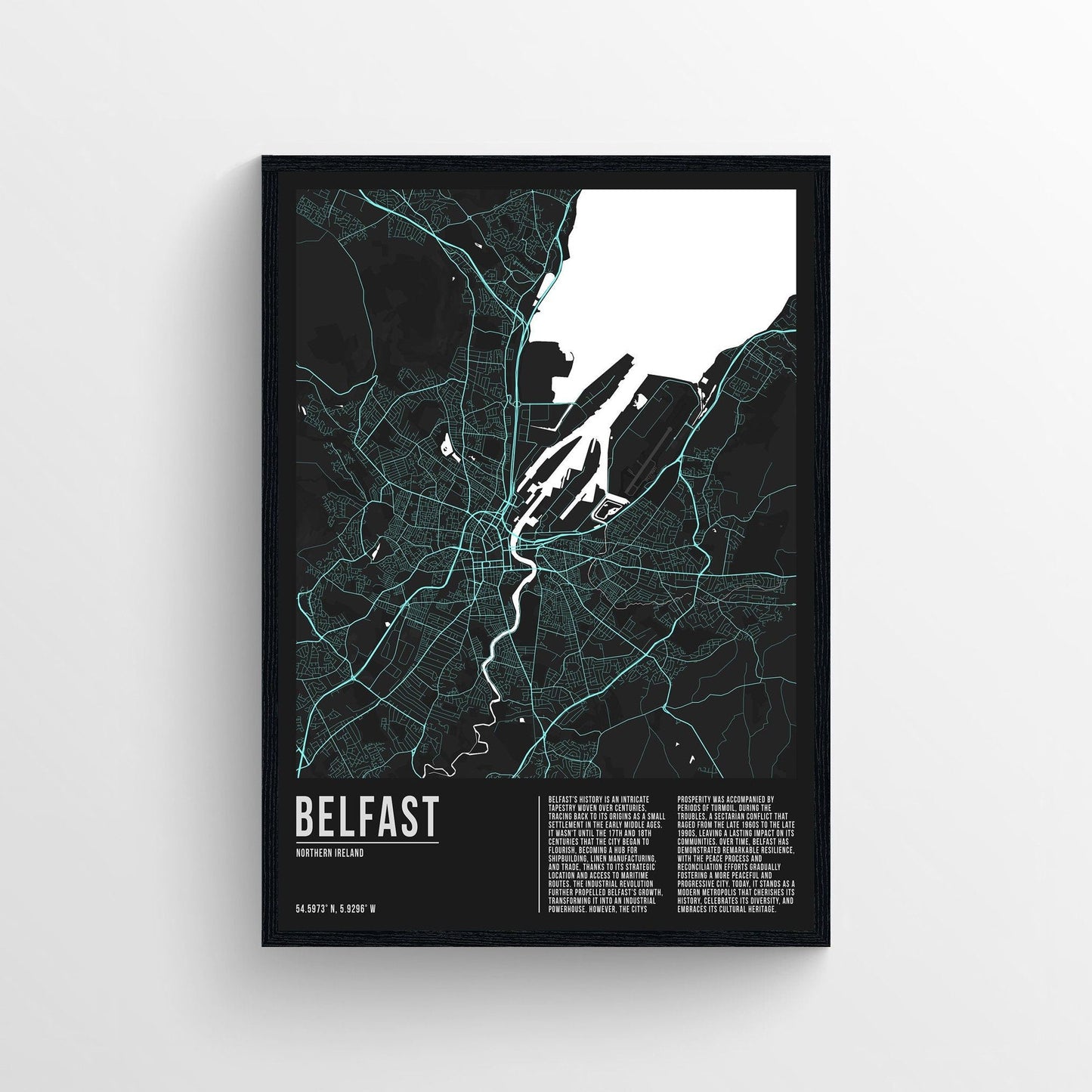 Belfast City Map poster with black background